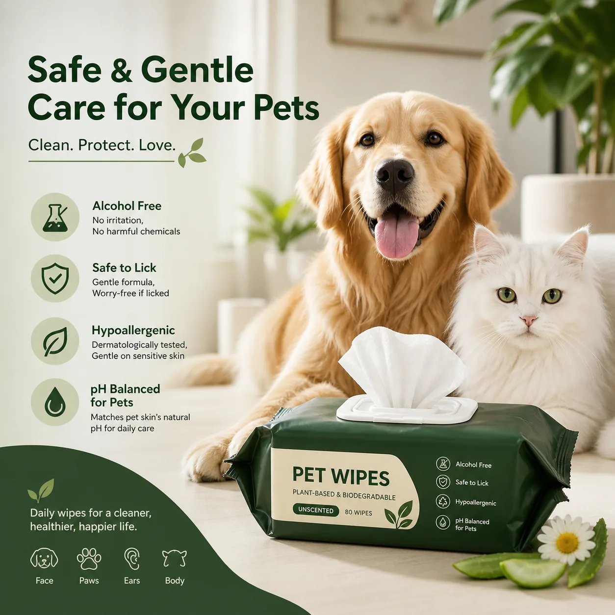 Biodegradable pet wipes product display for dogs and cats