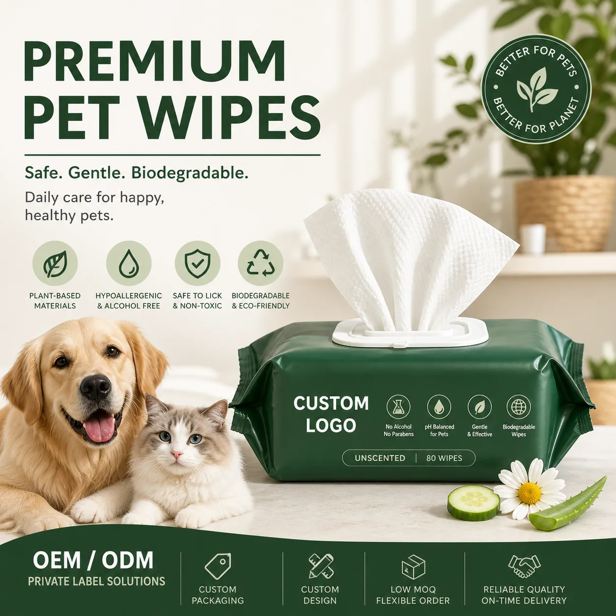 Premium bamboo pet wipes packaging with dog and cat lifestyle visual